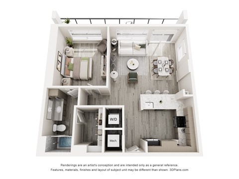 Floor plan for 1 bed, 1 bath, 845 sqft